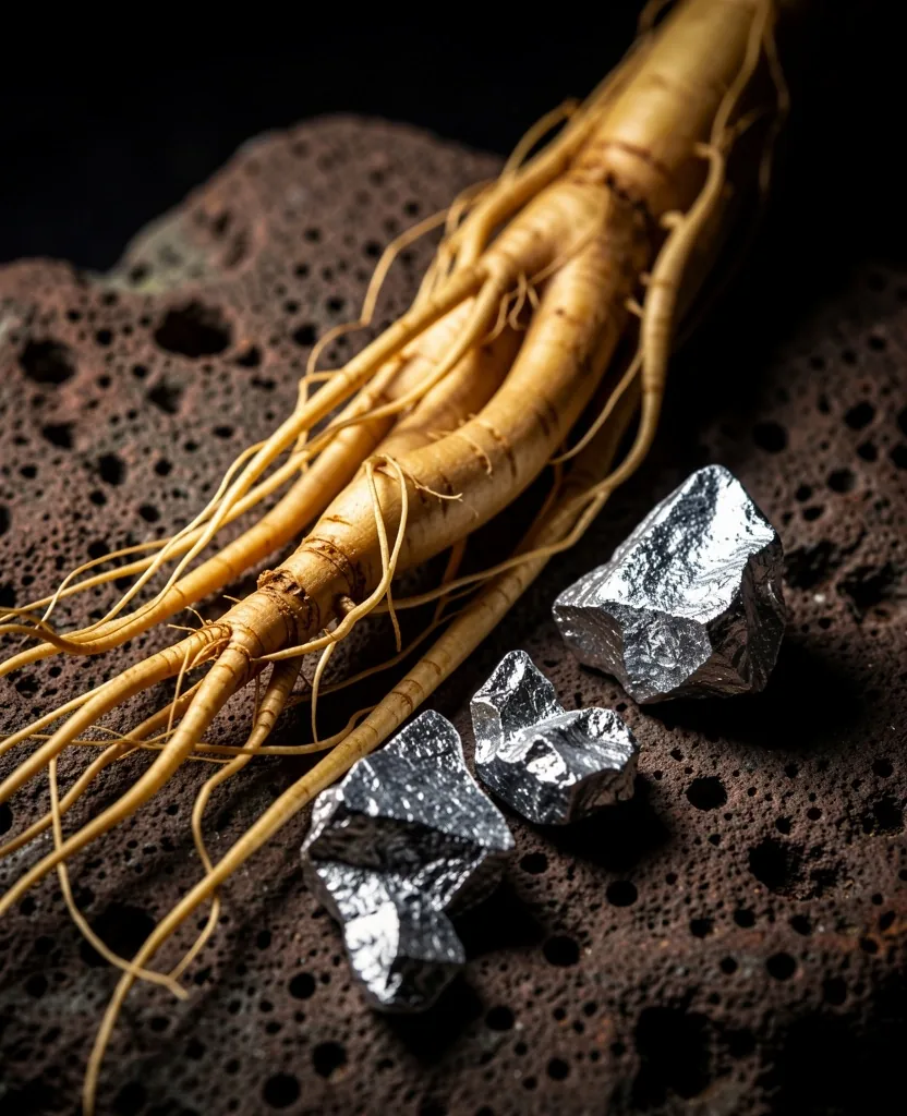 Botanical root and mineral specimens on dark surface