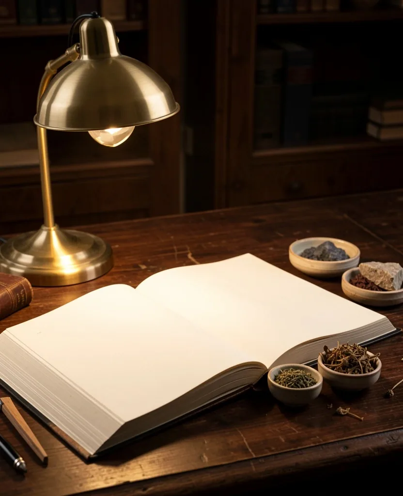 Research desk with botanical references and samples