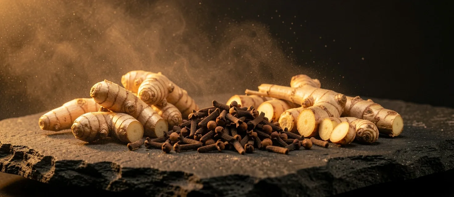 Botanical ingredients arranged on a dark stone surface