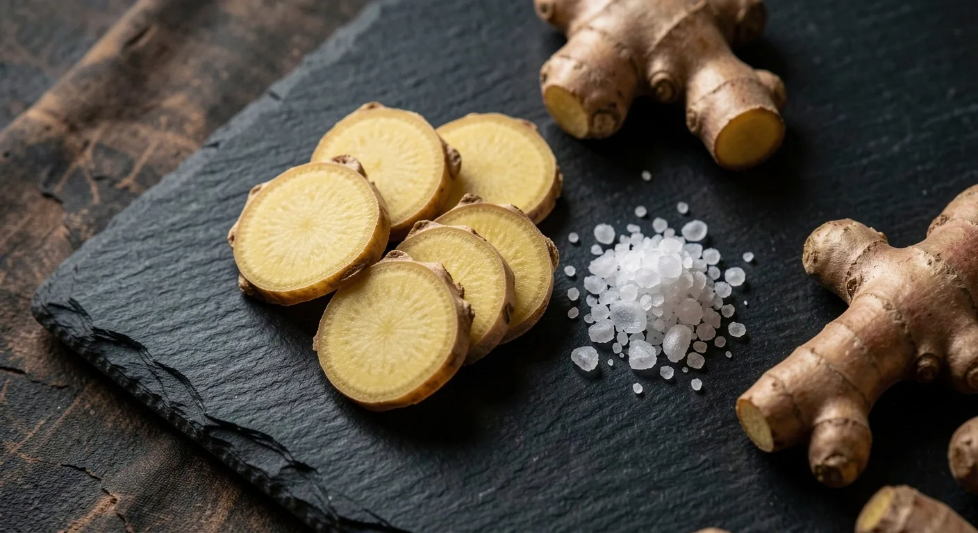 Botanical ingredients and minerals on a dark surface