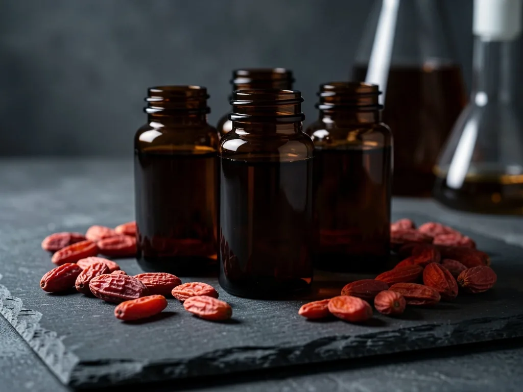 Botanical extract bottles on dark surface