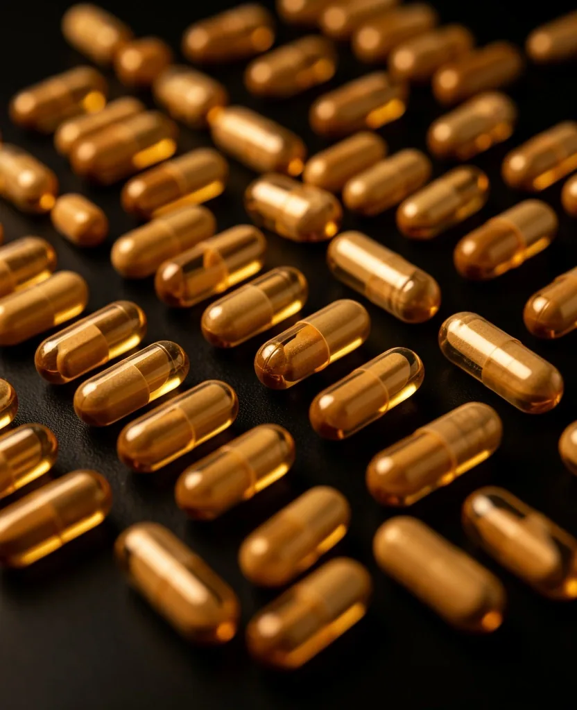 Bronze supplement capsules on dark surface