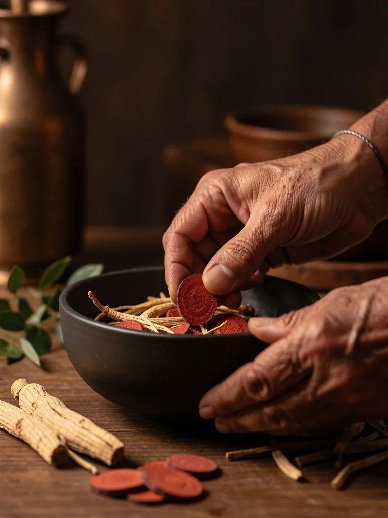 Dried ginseng and maca roots in a dark ceramic bowl