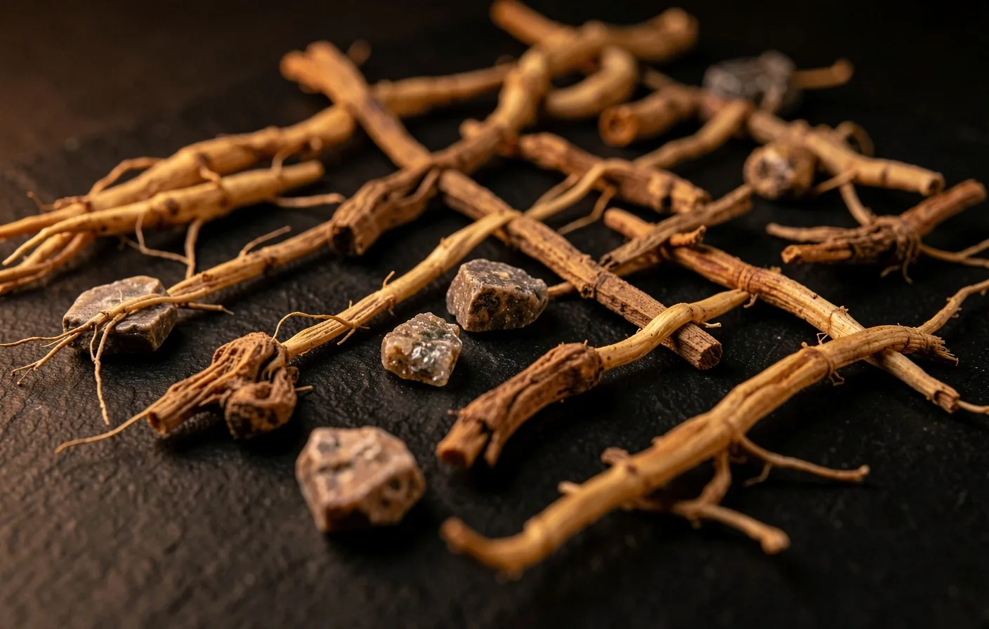 Macro study of botanical roots and mineral crystals on a dark surface