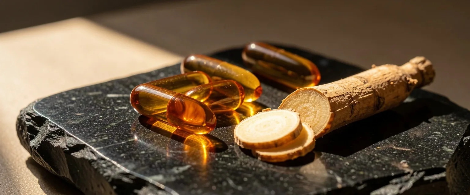 Natural capsules and adaptogen roots arranged on dark stone