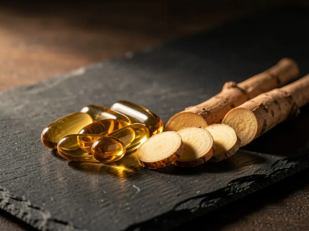 Natural capsules and adaptogen roots on a dark surface