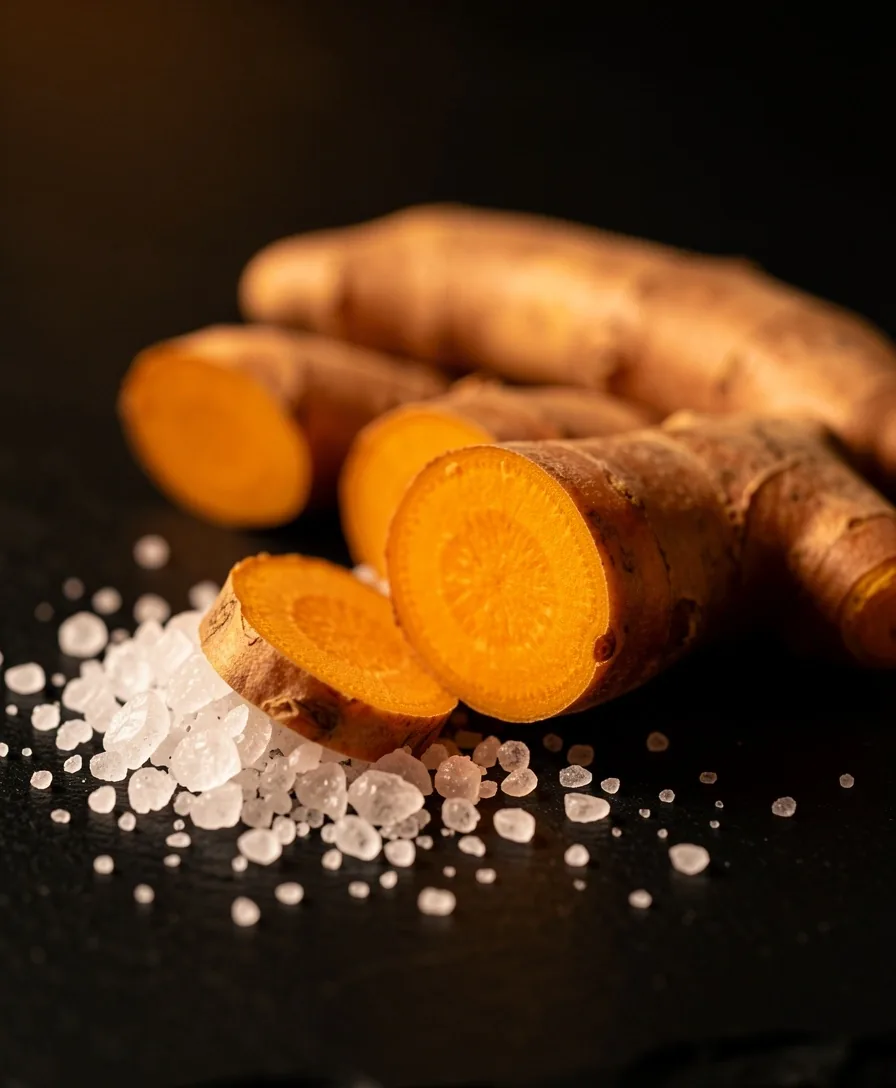 Close-up view of botanical roots and mineral ingredients used in men's natural supplements