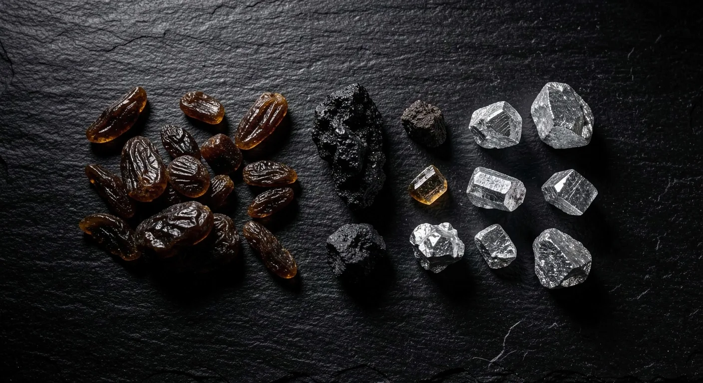 Macro study of raw botanical and mineral ingredients on dark surface