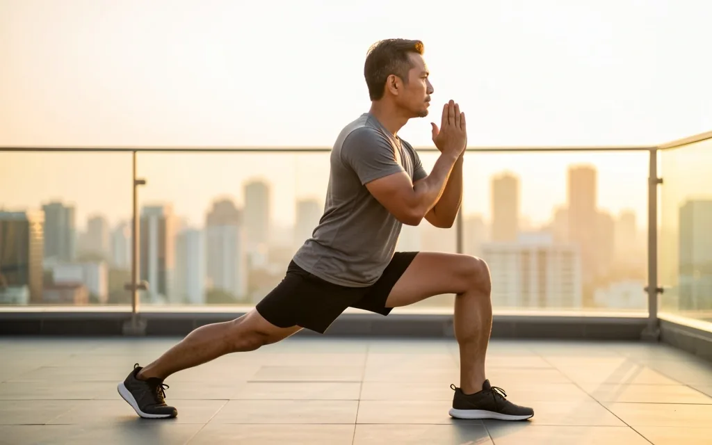Man stretching on rooftop at dawn with city backdrop