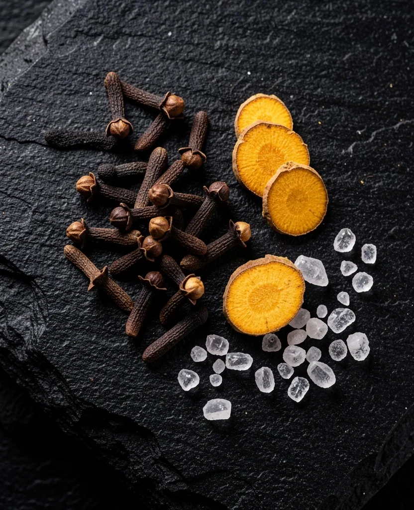 Raw botanical ingredients and minerals on dark surface